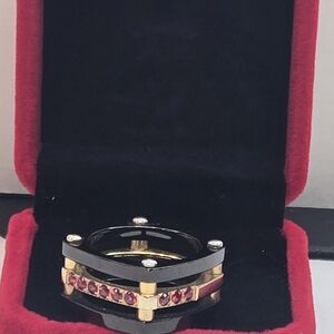 Henri Purec TITANIUM Black and Gold Ring with orange-red  Gemstones  Size 8